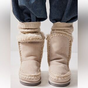 Mou Beige Shearling-Trim Winter Boots